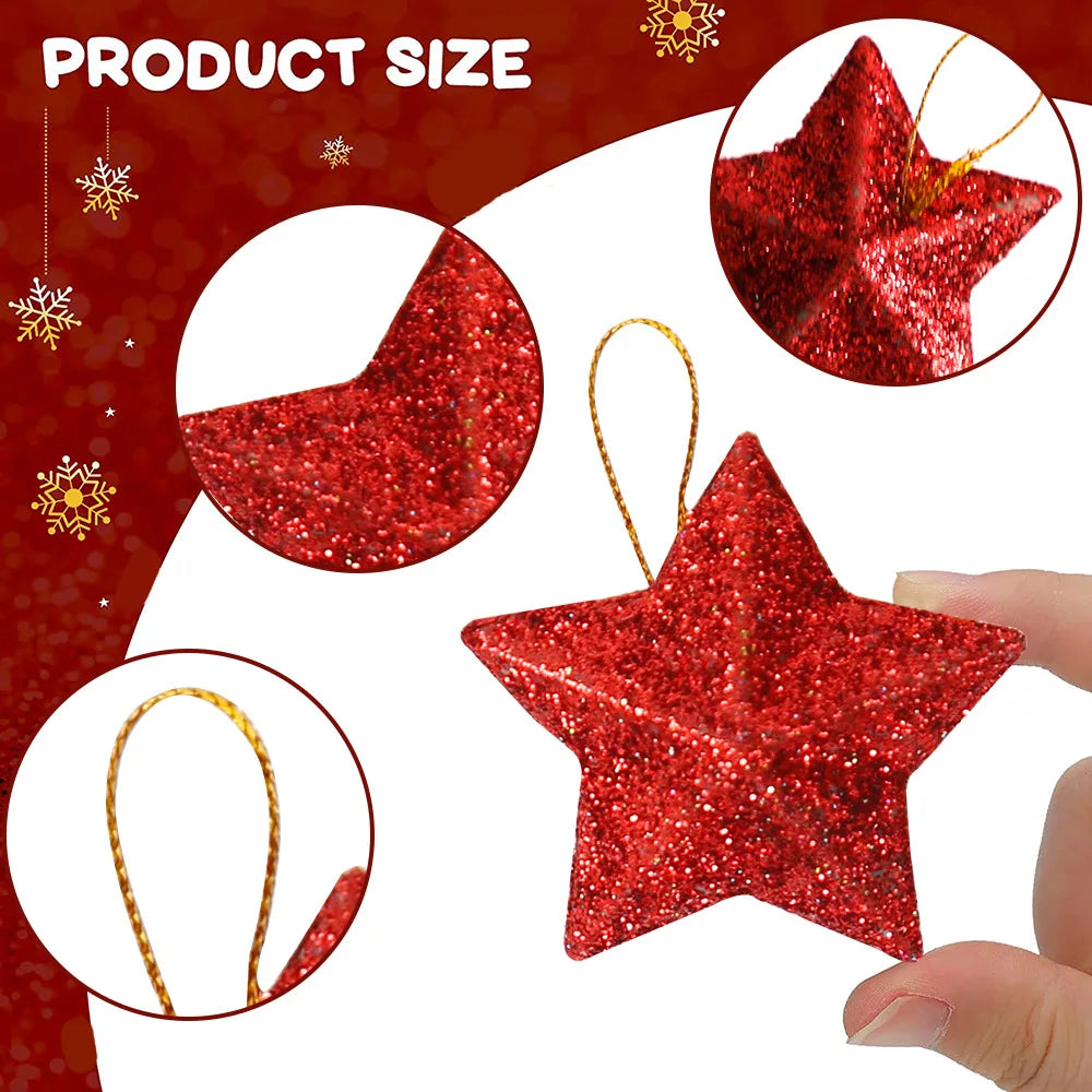 6Pcs Glitter Gold Silver Star Christmas Ornaments Star Embellishments Pendants for Xmas Tree Hanging Christmas Party Decorations