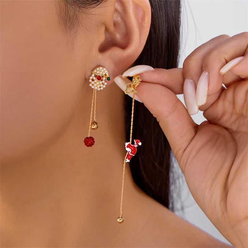 New Design Moving Santa Claus Tassel Dangle Earrings for Women Christmas Tree Snowflake Asymmetric Long Earring New Year Jewelry