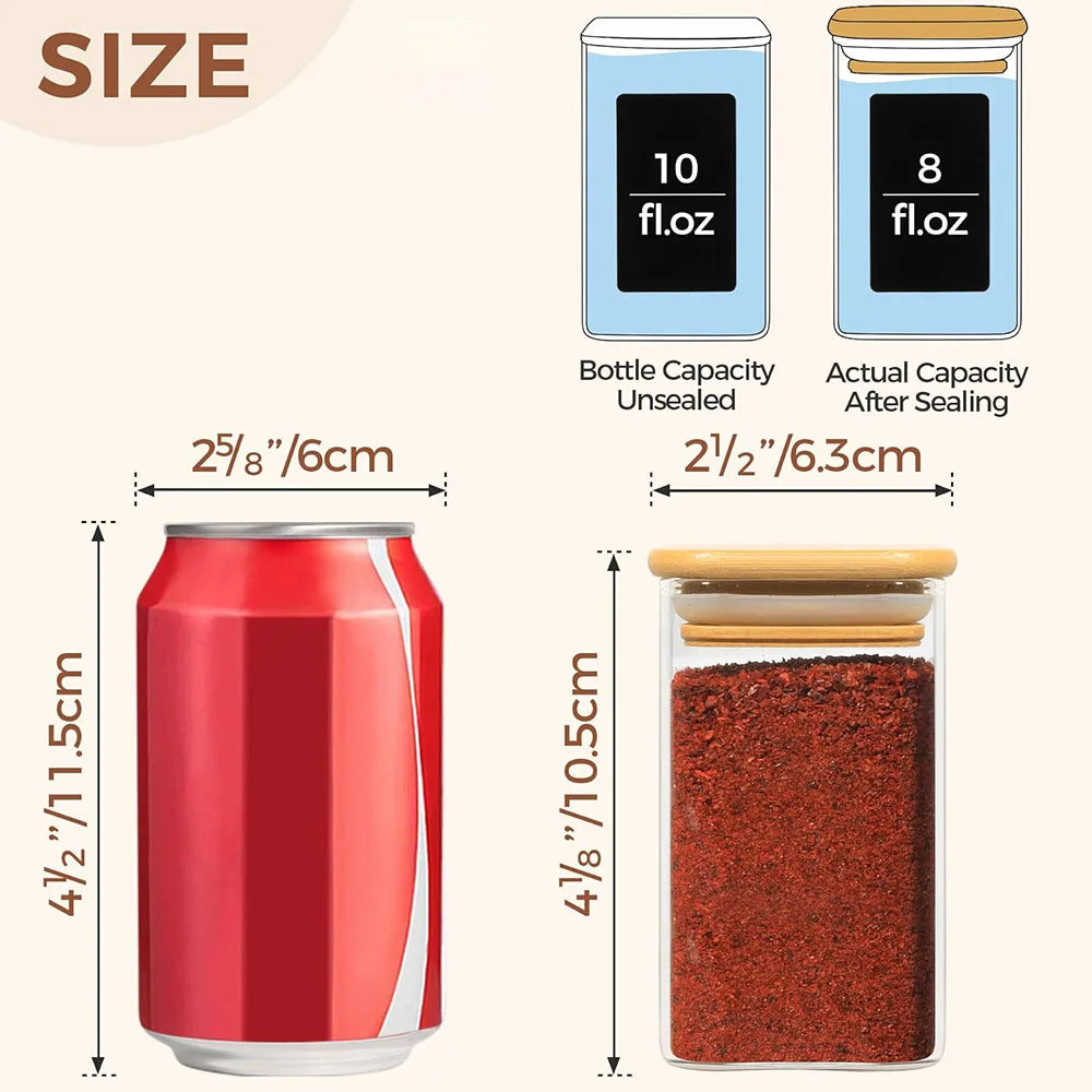 Frascos de vidrio para especias con tapa de bambú, recipientes cuadrados herméticos de 8 oz con etiquetas negras, frascos vacíos para condimentos, especias, sal y azúcar.