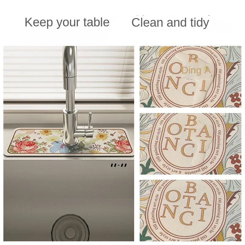 Faucet Drain Pad Retro Self-priming Kitchen Countertop Drain Mat Diatom Mud Wipeable Anti-slip Mat Absorbent Dish Drying Mat