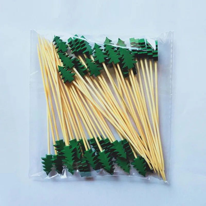 50/100pcs Christmas Fruit Sticks Disposable Bamboo Sticks Snowflake Christmas Tree Elk Santa Claus Snowman Sticks Xmas Ornaments