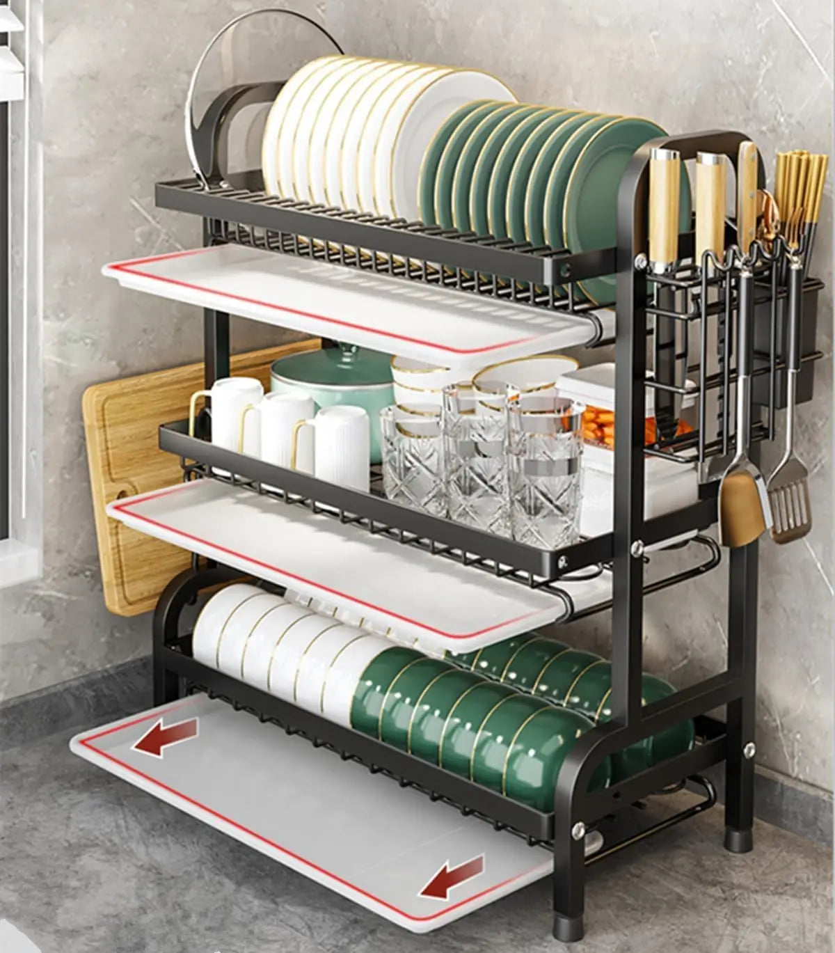 3-Tier Space-Saving Dish Rack with Large Capacity Utensil Storage