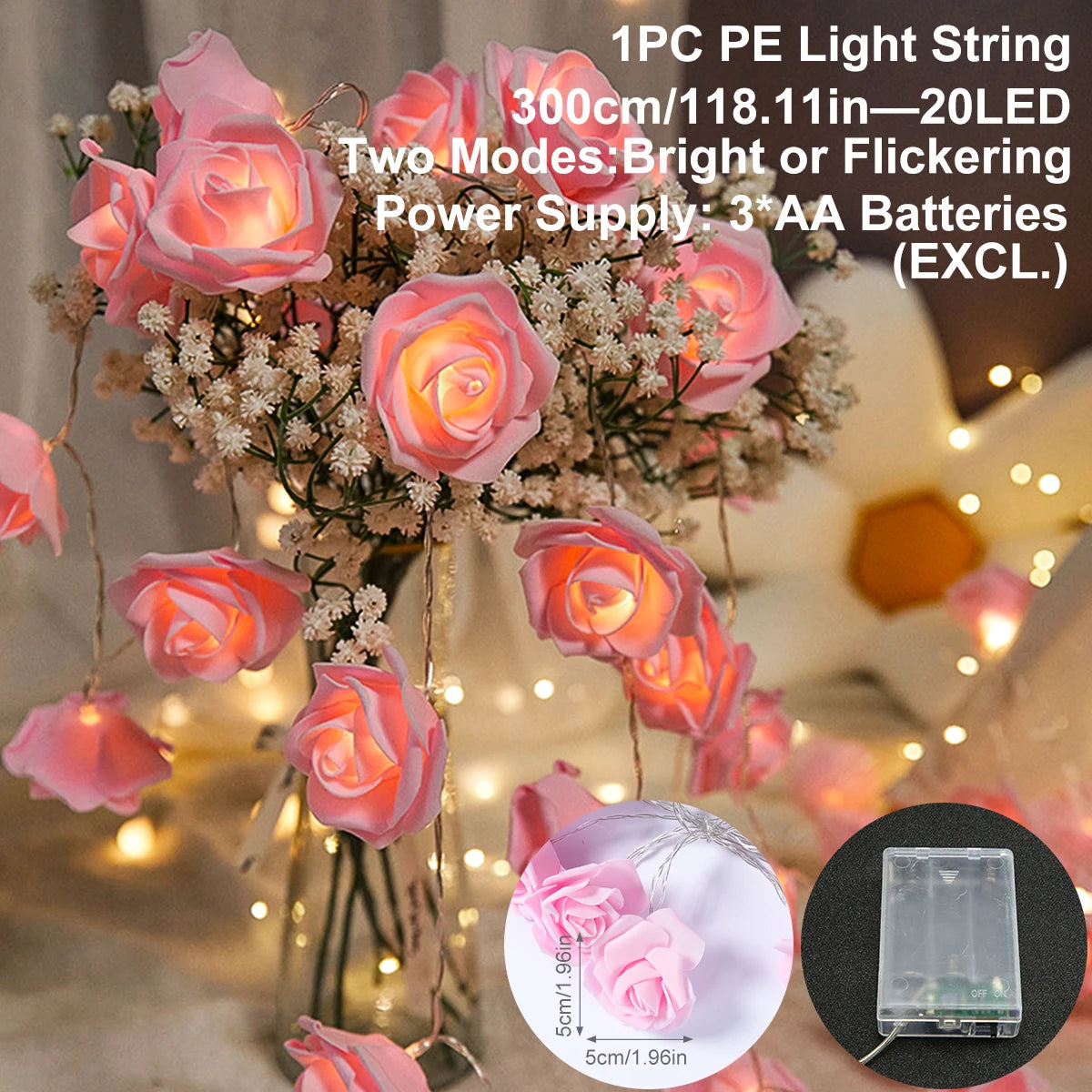 2m 10LED Rose Flowe LED String Lights Garland Wedding Birthday Decor Valentine's Day Gift Christmas Tree Decor for Home Outdoor