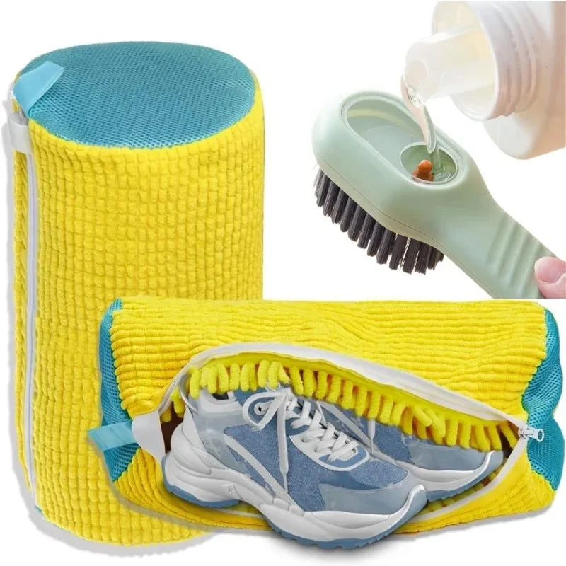 Shoe Washing Machine Bag with Liquid Shoe Brush Set Durable Laundry Shoe Bag and Soft Bristle Clean Brush for All Shoes
