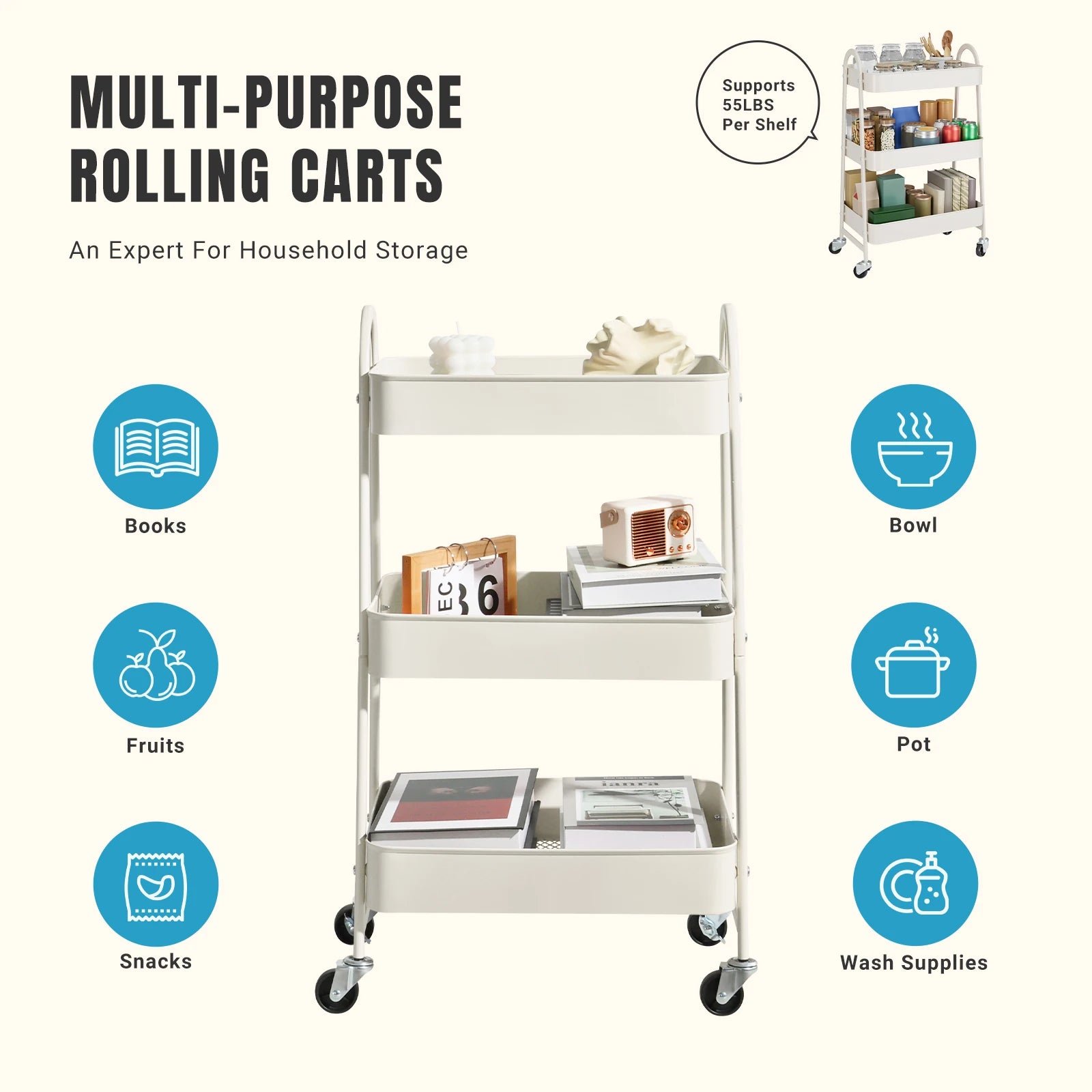 JHK 3 Tier Metal Storage Kitchen Cart with Lockable Wheels Mobile Shelving Unit Utility Rolling Organizer For Home Narrow Places