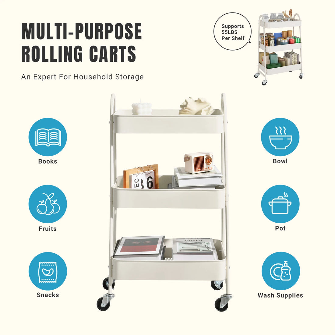 JHK 3 Tier Metal Storage Kitchen Cart with Lockable Wheels Mobile Shelving Unit Utility Rolling Organizer For Home Narrow Places