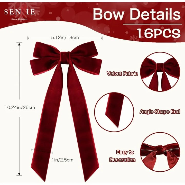 16Pcs Velvet Ribbon Bows for Christmas Tree Decoration Vintage Rustic Small Craft Bows Ornaments for Garland Wreath Gift Wrappi