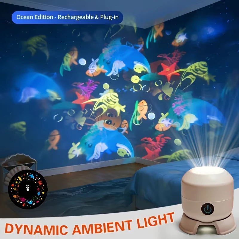 LED Ocean & Snowflake Projection Night Light – USB Rechargeable Dynamic Projector with Adjustable Ambient Light