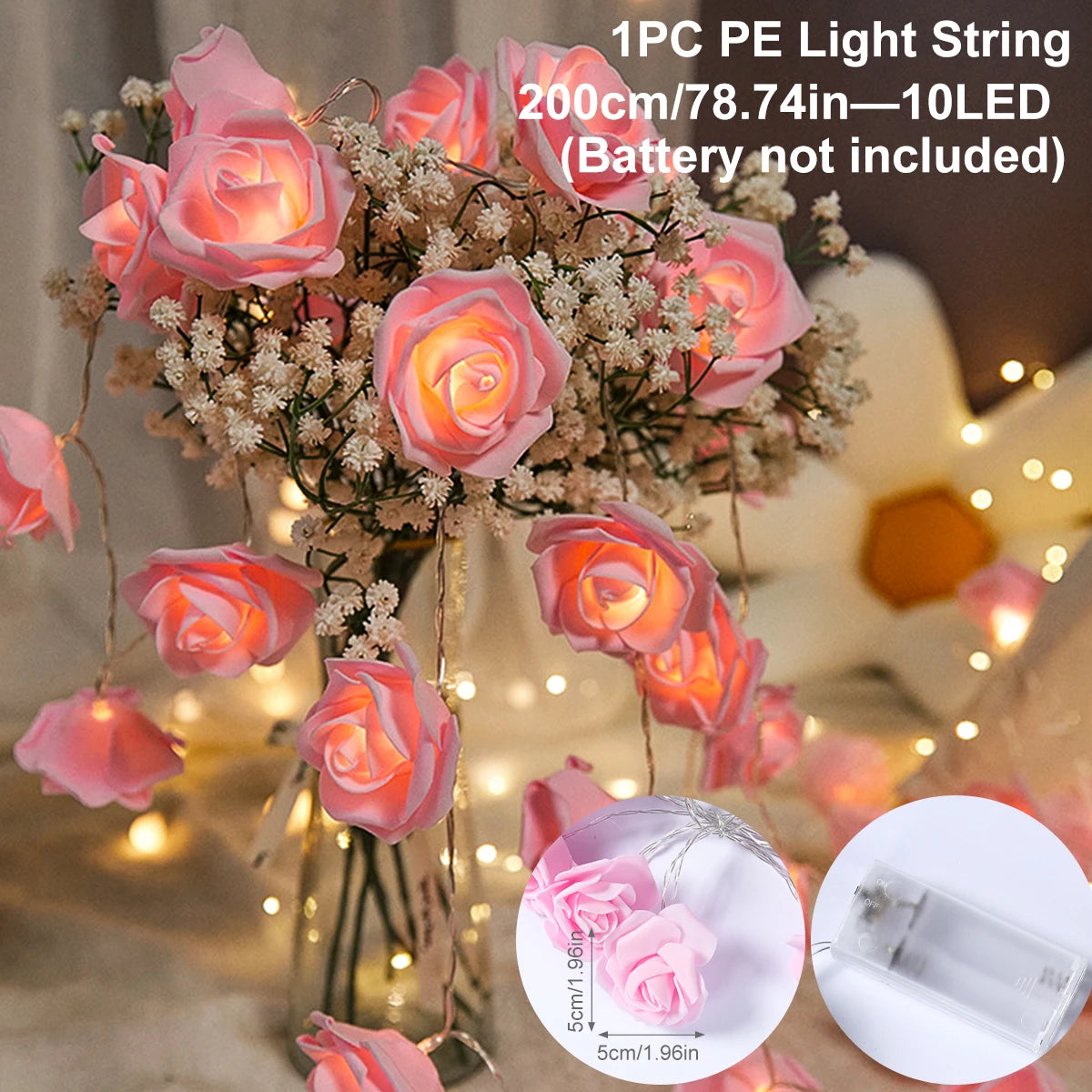 2m 10LED Rose Flowe LED String Lights Garland Wedding Birthday Decor Valentine's Day Gift Christmas Tree Decor for Home Outdoor