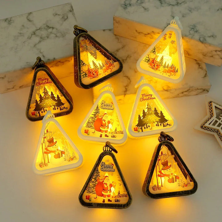 Mini Christmas LED Triangle Lantern Santa Claus Snowman Festival Lamp Indoor Table Ornaments Party Scene Props Home Decoration