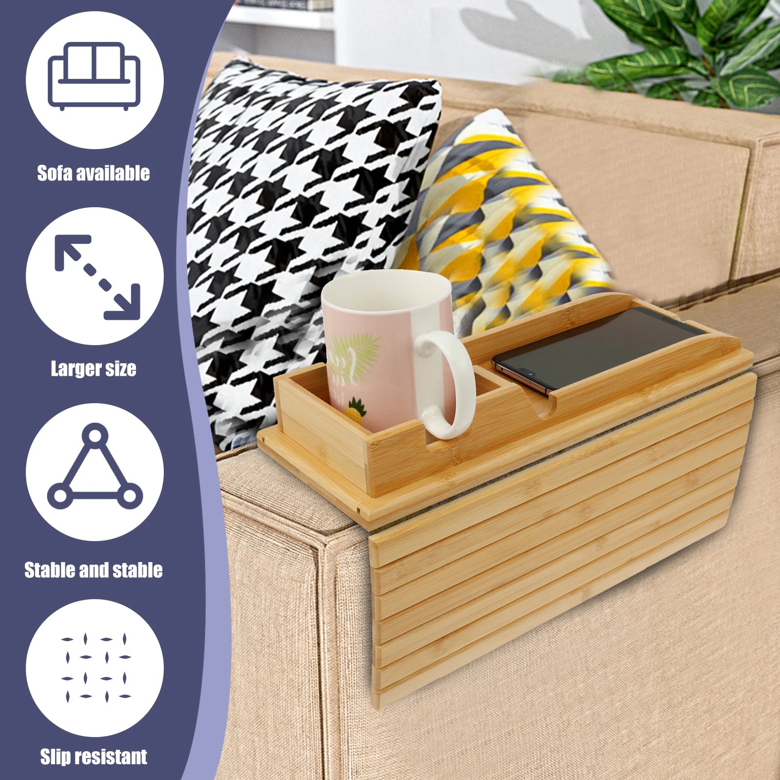 Bamboo Sofa Armrest Cup Holder Tray with Storage Organizer