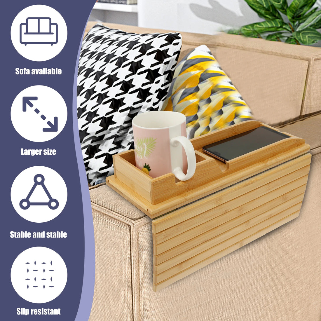 Bamboo Sofa Armrest Cup Holder Tray with Storage Organizer