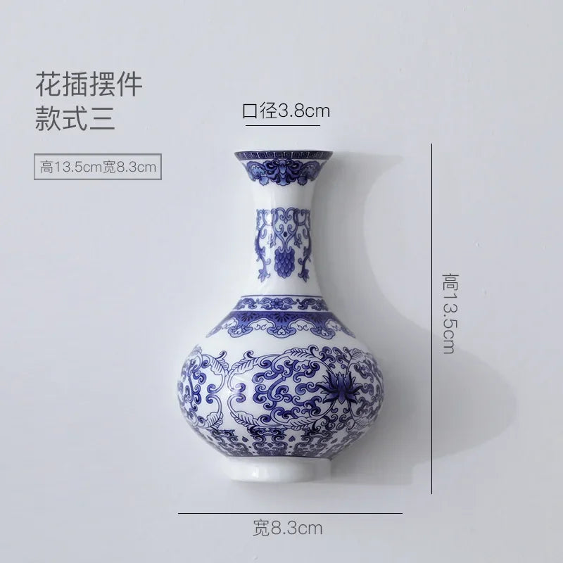 Ceramic vase, antique blue and white porcelain flower container, lucky bamboo, living room and home decoration, wall hanging