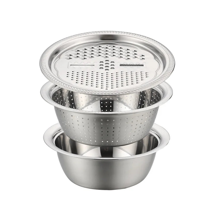 3-Piece Vegetable Slicer Set – Stainless Steel Slicer, Potato Grater & Washing Basin Drain Basket