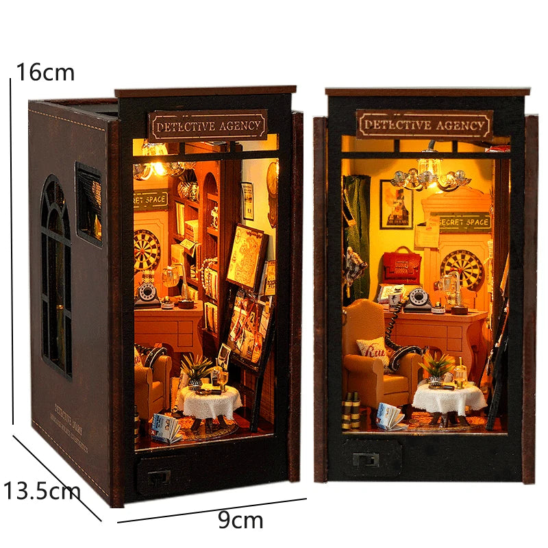 DIY Book Nook Kit Bookend Kit Wooden Doll House Bookshelf Insert Decor With Warm Light 3D Puzzle Assembly Building Model Gifts