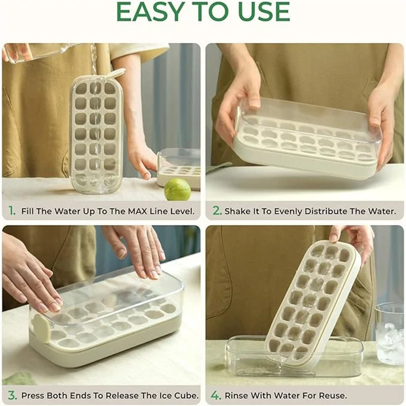 Ice Cube Tray with Lid & Bin – Quick-Fill Easy Press No-Touch Release Freezer Mold (7/14/21 Pcs)
