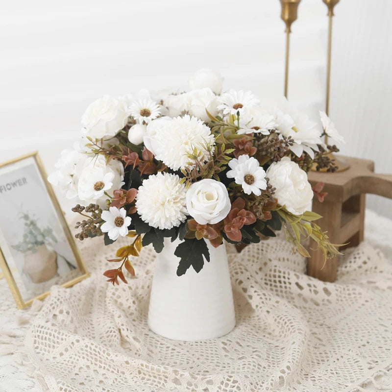 Rose Artificial Dandelion Flowers Bridal Bouquet Fake Floral Garden Wedding Party Living Room Home Table Autumn Christmas Decor