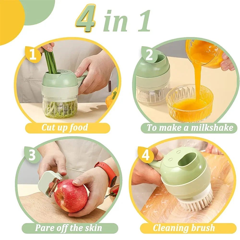 4In1 Electric Vegetable Cutter Set Handheld Wireless Electric Garlic Masher Food Chopper Meat Grinder Machine Food Peel Slice