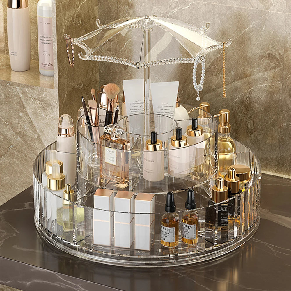360° Rotating Desktop Cosmetic Storage Box – Acrylic Transparent Skincare Product Tray & Shelf