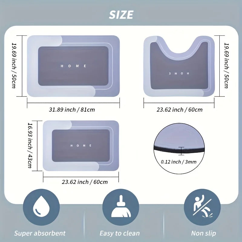 3-Piece Anti-Slip Bathroom Mat Set – Quick-Dry EVA U-Shaped Toilet Mat & Floor Mats for Bathroom, Kitchen & Living Room