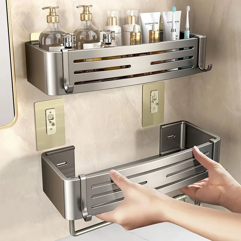 Space Aluminum Bathroom Shelf Self Adhesive Wall Mount Shower Rack No Drill Shampoo Hanger Bath Room Makeup Basket Storage Caddy