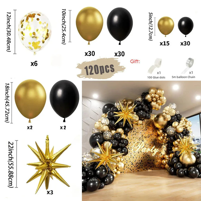 Black and Gold Balloons Garland Arch Kit with Starburst Foil Balloons for Wedding Birthday Family Party Decorations Supplies