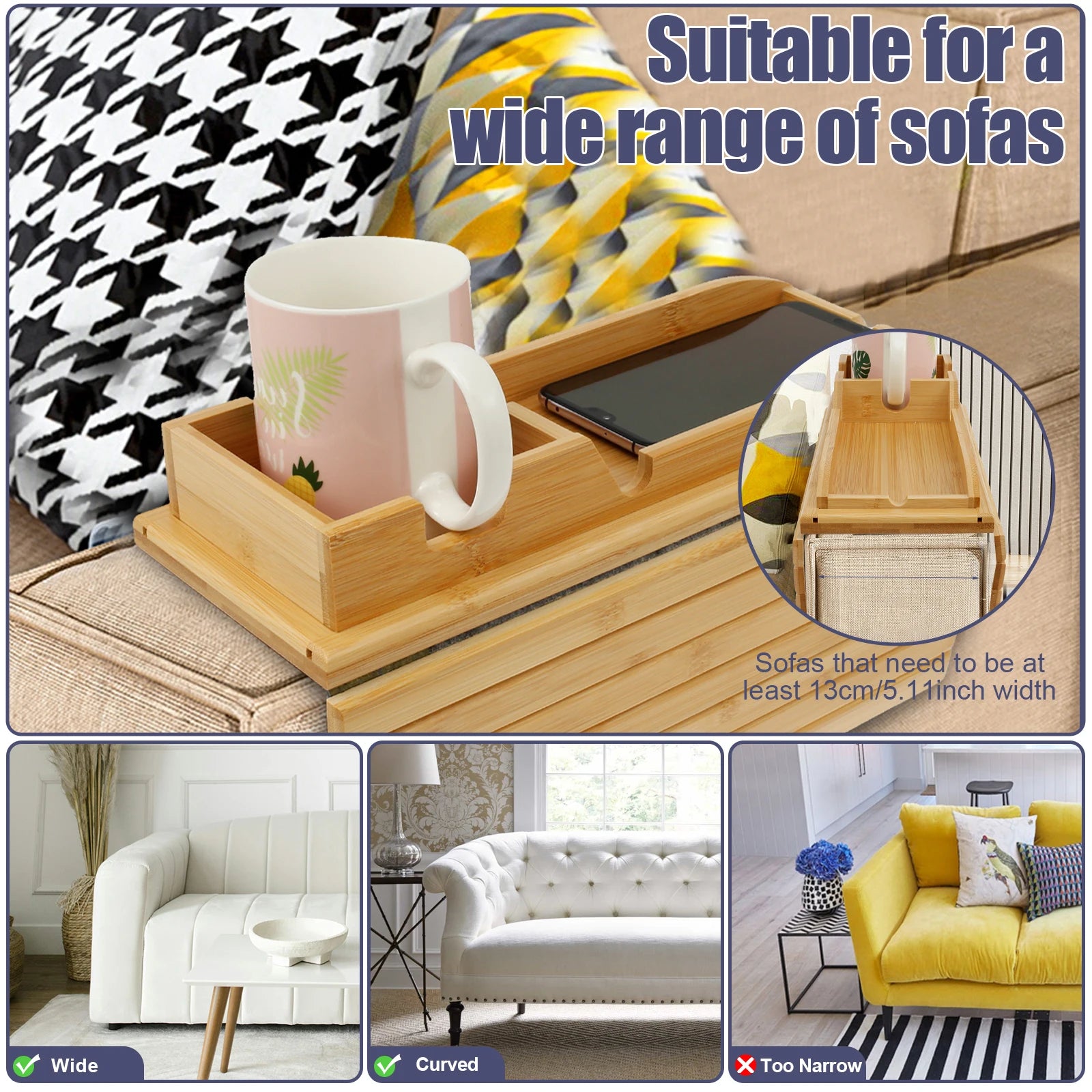 Bamboo Sofa Armrest Cup Holder Tray with Storage Organizer