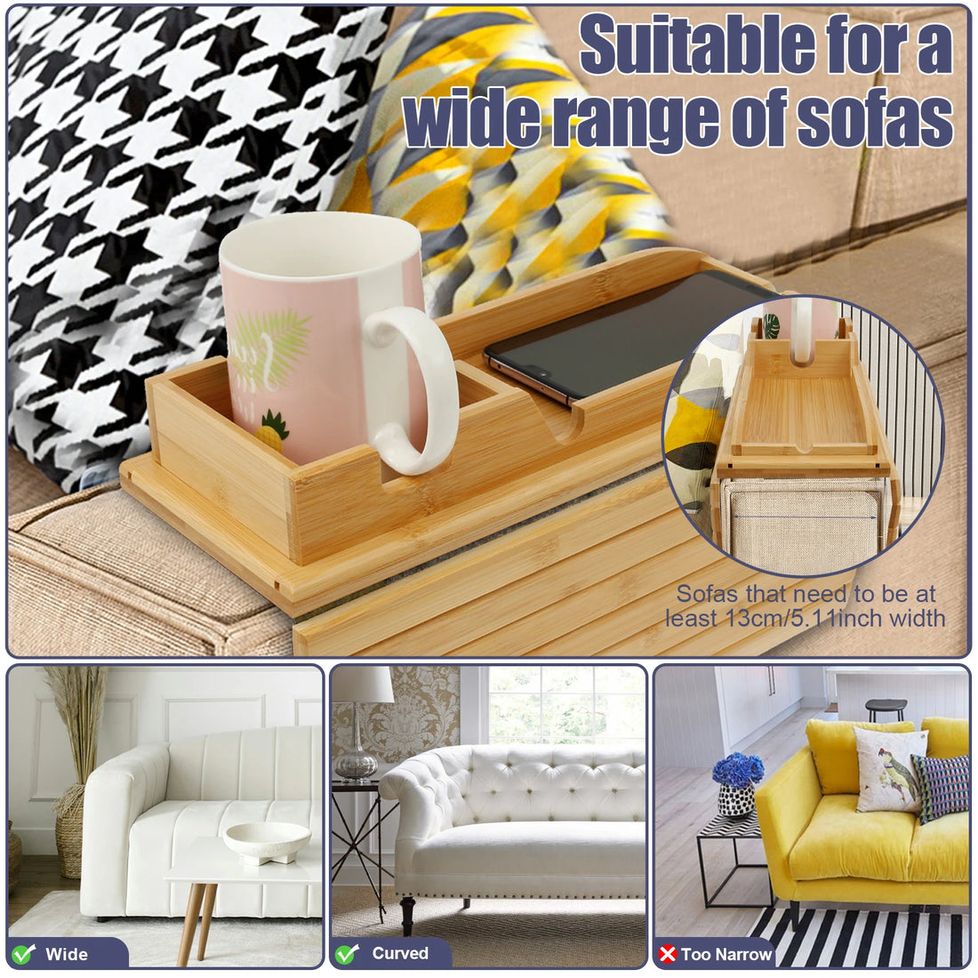 Bamboo Sofa Armrest Cup Holder Tray with Storage Organizer