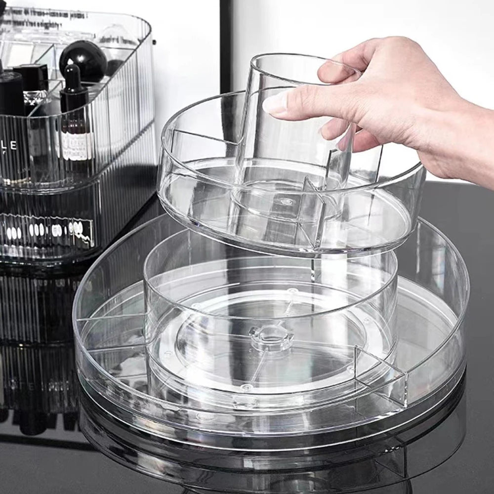 360° Rotating Desktop Cosmetic Storage Box – Acrylic Transparent Skincare Product Tray & Shelf