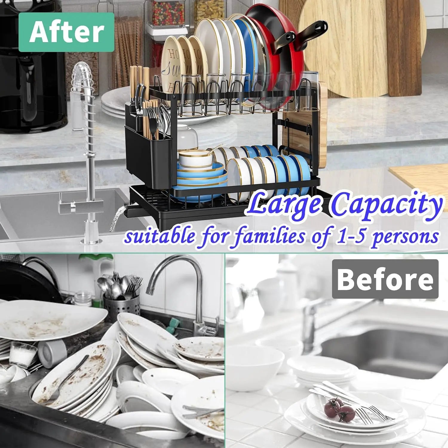 2-Tier Kitchen Dish Drying Rack – Countertop Dish Drainer with Drip Tray