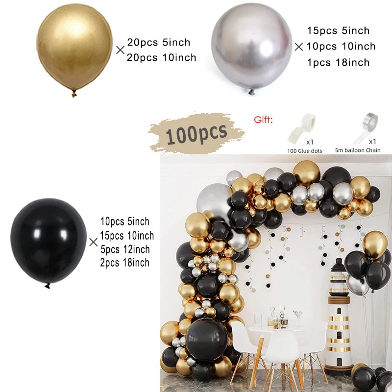 Black and Gold Balloons Garland Arch Kit with Starburst Foil Balloons for Wedding Birthday Family Party Decorations Supplies