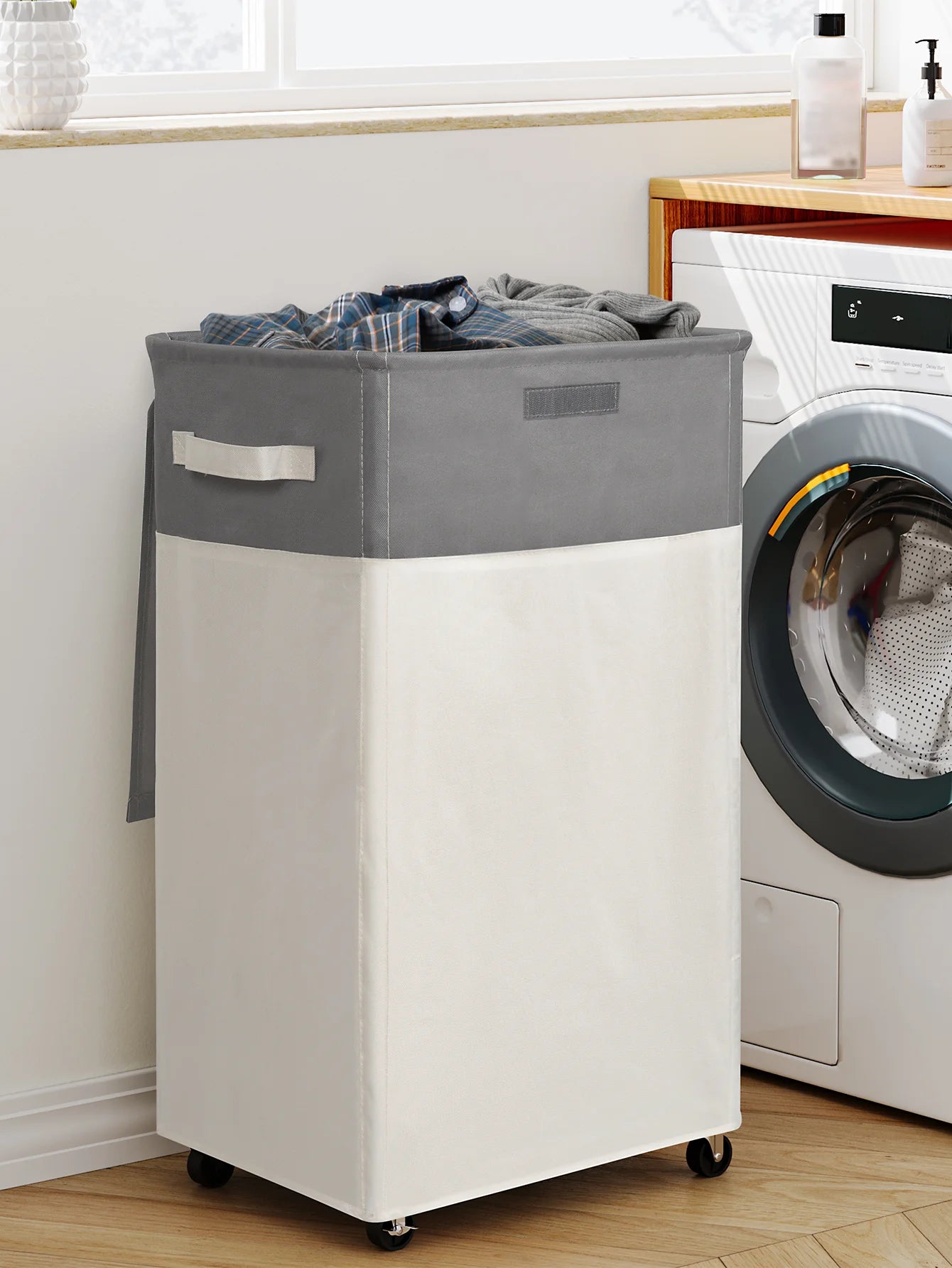 65L Wheeled Laundry Basket with Cover, Tall Oxford Fabric Hamper, Portable Foldable Clothes Organizer Bin