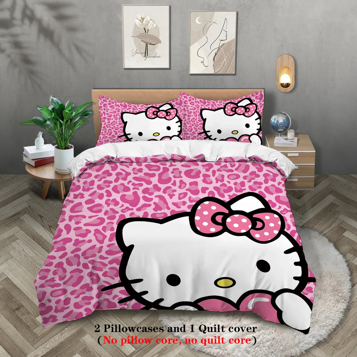 3-piece cartoon pink Hello Cat print duvet cover set (1 duvet cover+2 pillowcases, no core) comfortable bedding set