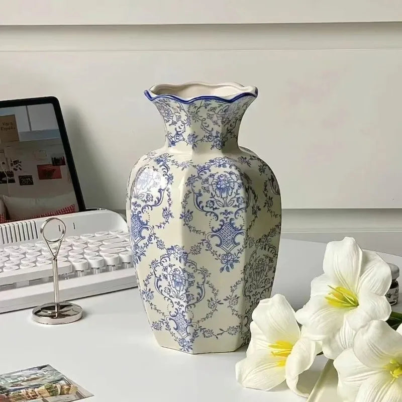 1PCS  Hand-Painted Blue and White Porcelain Vase Elegant Home Decor for Living Room Entryway Desktop Flower Arrangement Display