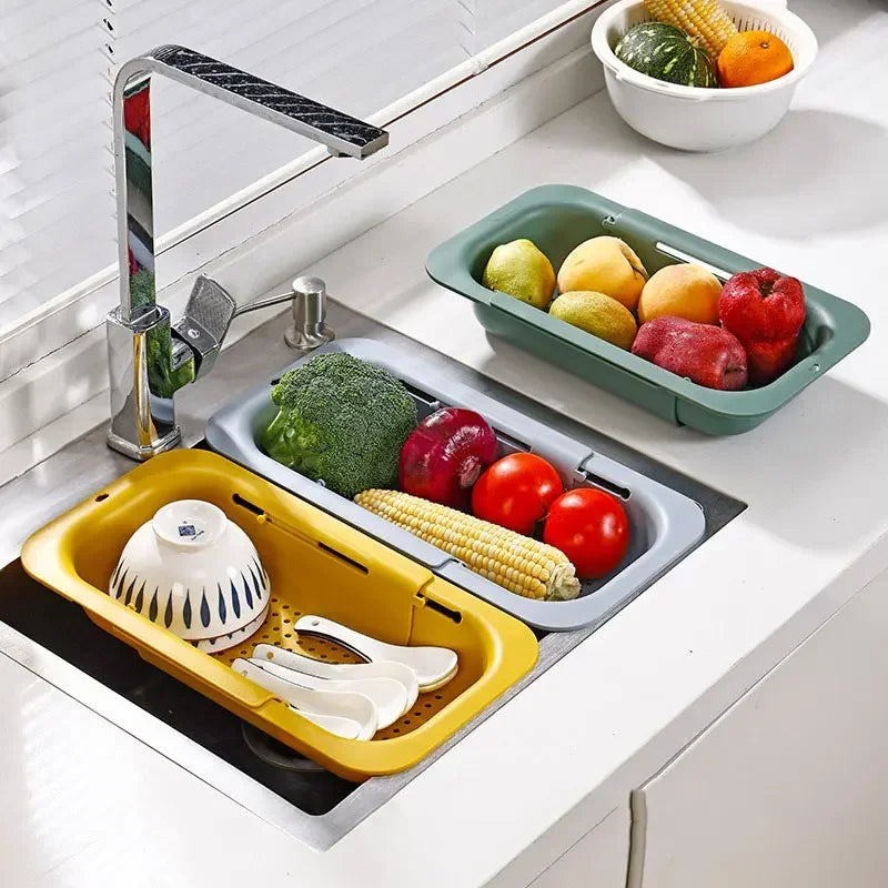 Expandable Adjustable Sink Drain Basket – Vegetable & Fruit Washing Basin with Drain Rack for Kitchen
