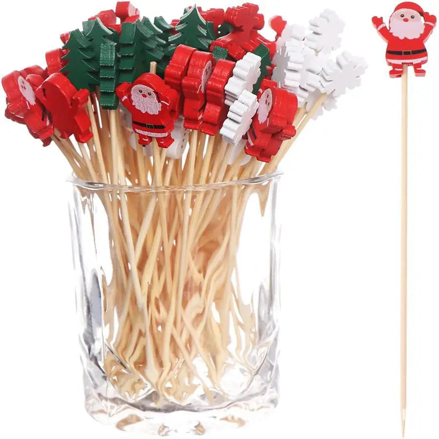 50/100pcs Christmas Fruit Sticks Disposable Bamboo Sticks Snowflake Christmas Tree Elk Santa Claus Snowman Sticks Xmas Ornaments