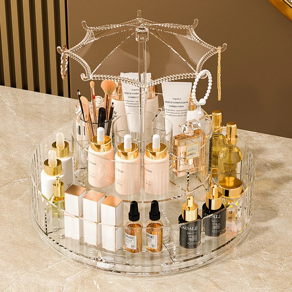 360° Rotating Desktop Cosmetic Storage Box – Acrylic Transparent Skincare Product Tray & Shelf