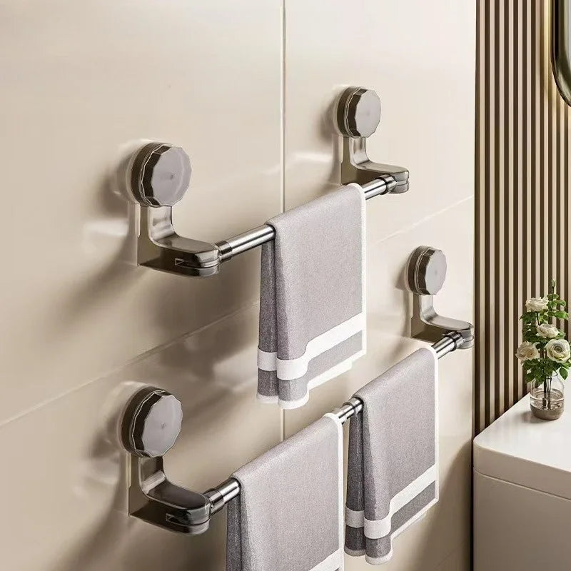 Retractable Suction Cup Wall Towel Rack no drilling Single Rod Towel Holder Kitchen Bathroom Organiser Shelf Accessories