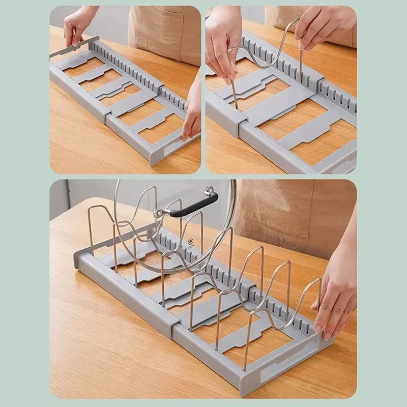 Expandable Pans & Pot Organizer Rack – 7 Adjustable Compartments Dish Storage Rack for Kitchen Cabinet