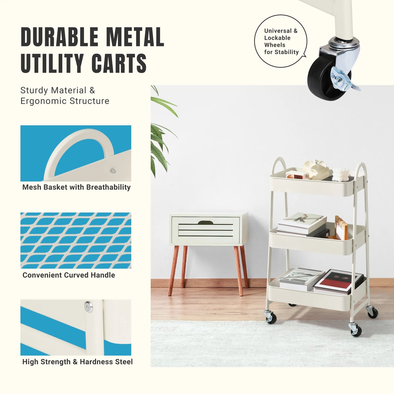 JHK 3 Tier Metal Storage Kitchen Cart with Lockable Wheels Mobile Shelving Unit Utility Rolling Organizer For Home Narrow Places