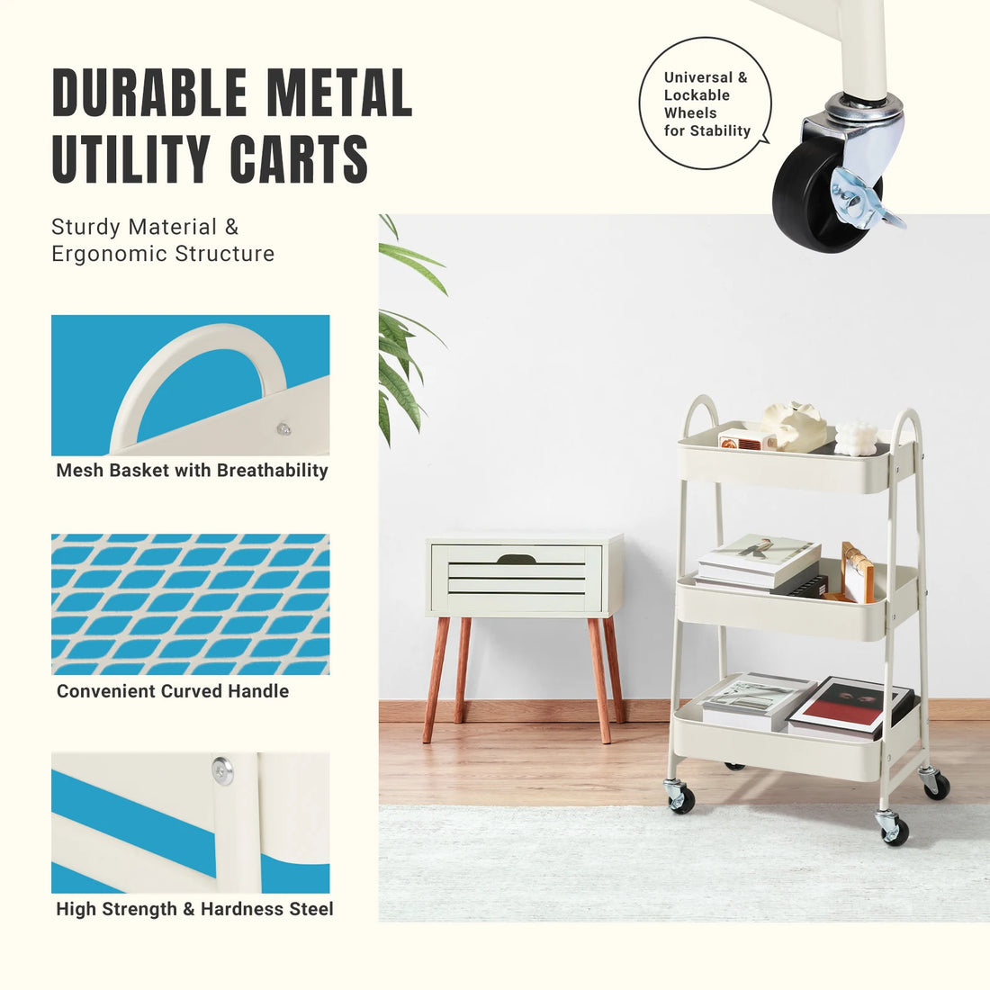 JHK 3 Tier Metal Storage Kitchen Cart with Lockable Wheels Mobile Shelving Unit Utility Rolling Organizer For Home Narrow Places