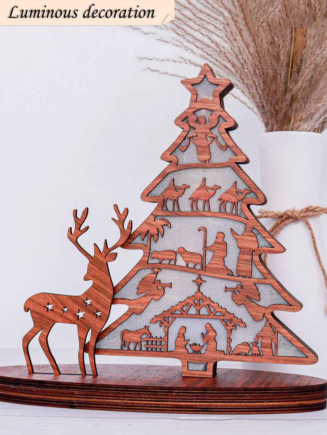 3pcs Christmas Tree Shape Luminous Wooden Nativity Scene Ornaments Elk Christmas Decorations Ornaments Party Decorations