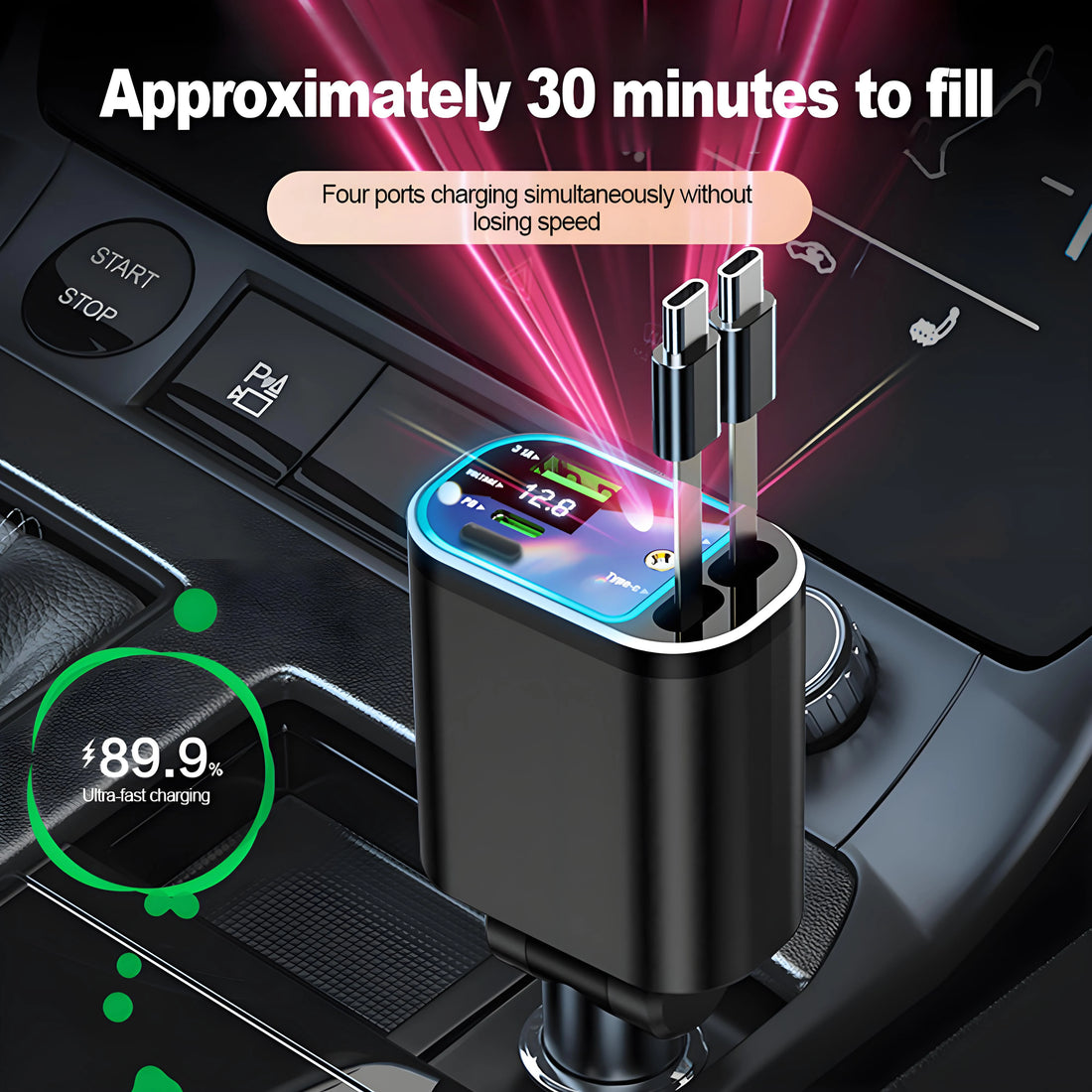 120W Retractable Car Charger with Roof Starlight – USB-C Fast Charger Cigarette Lighter Adapter for iPhone, Huawei & Samsung