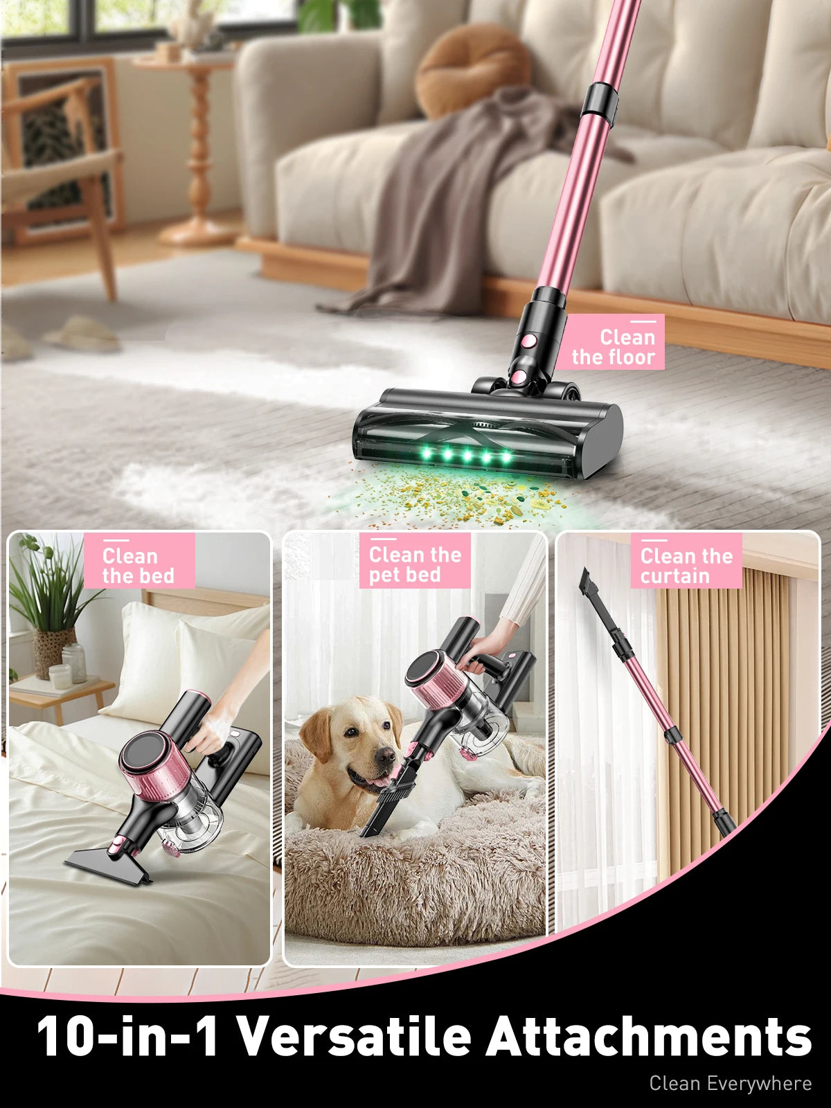 SUXIANGVAC Cordless Stick Vacuum Cleaner – 55Kpa / 500W / 45min, 10-in-1 with Green LED, Anti-Tangle Brush for Pet Hair, Hard Floors & Carpet