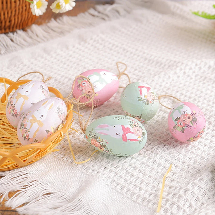 6pcs Plastic Bunny Painted Easter Eggs Pendant Hanging Easter Tree Basket Colorful Eggs Ornament Easter Party Kids Gift decor