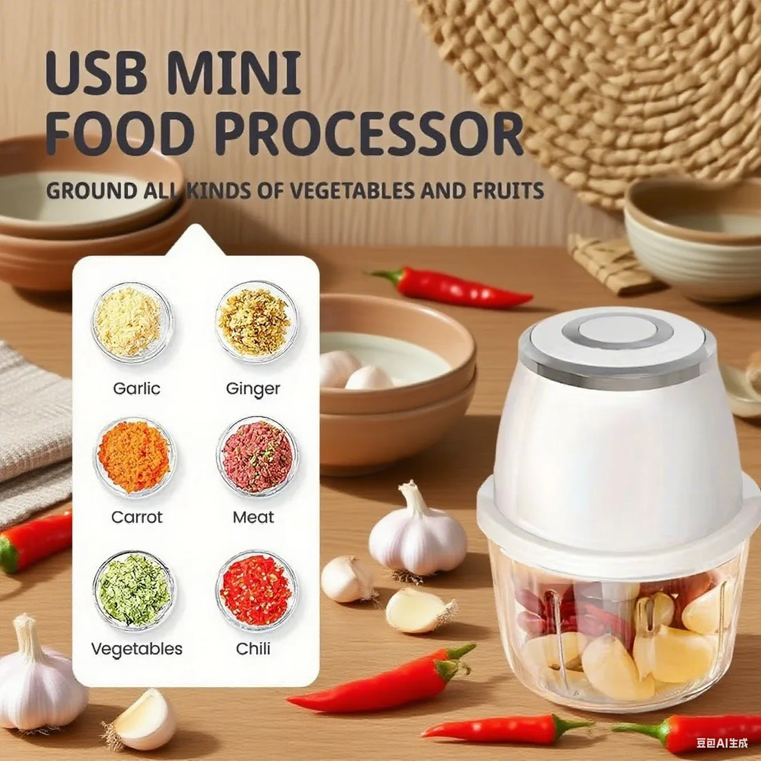 350ML Electric Meat Grinder Food Chopper Garlic Masher USB Multi-Function Vegetable Slicer Blender Kitchen Mixer