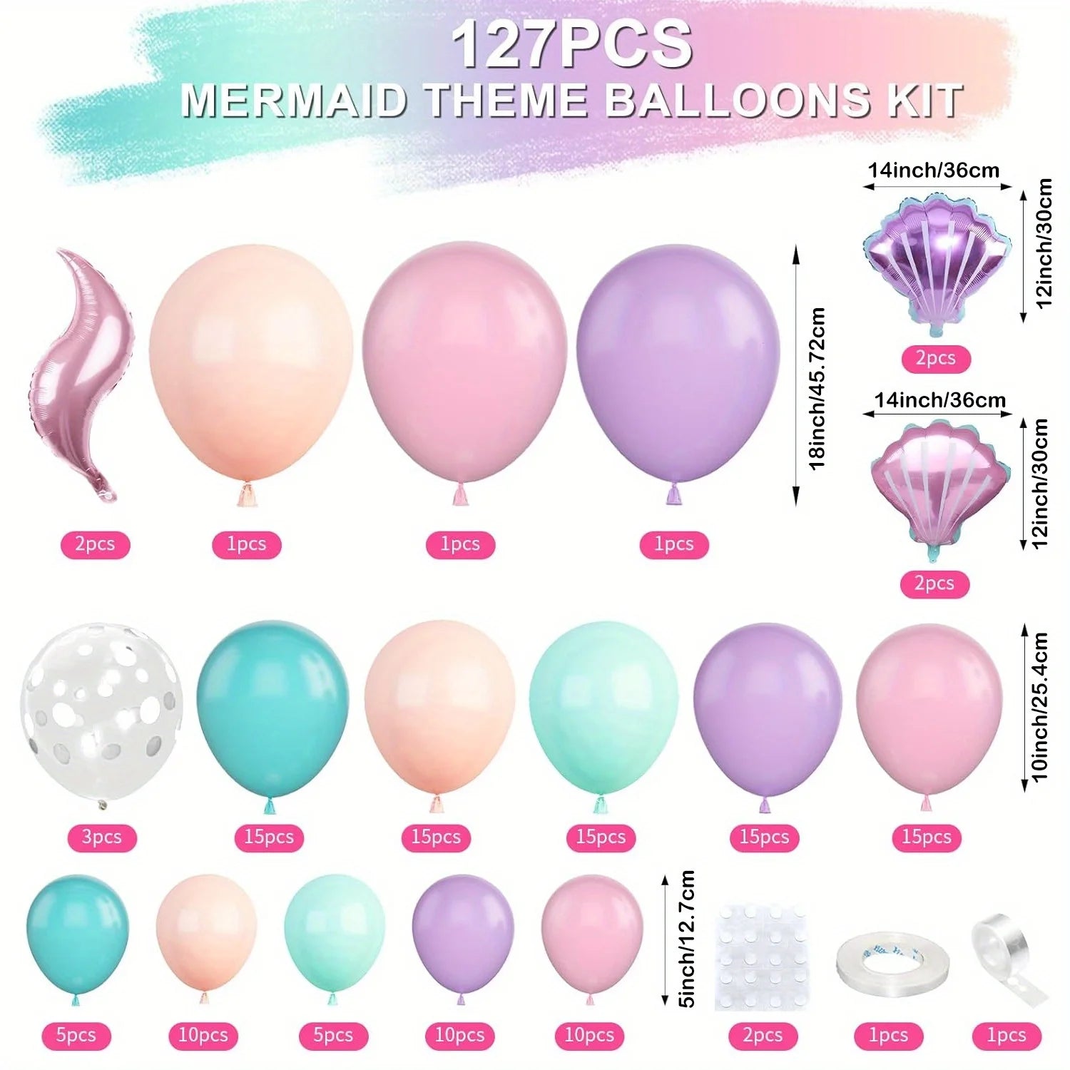 127pcs Mermaid Balloon Arch Set, Pink Purple Orange Blue Dot Balloon Ocean Theme Mermaid Princess Birthday Party Decoration