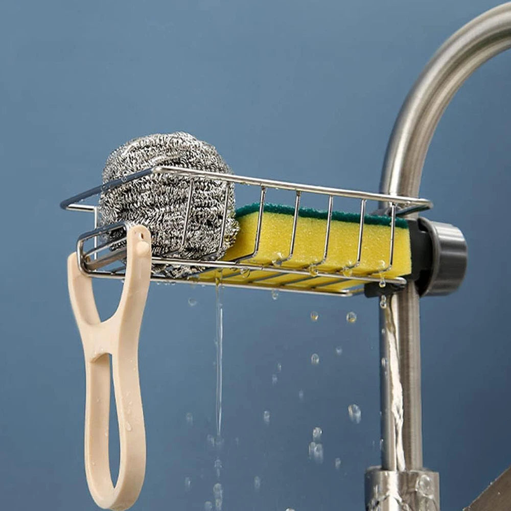 Kitchen Sink Faucet Organizer Rack with Sponge & Soap Holder