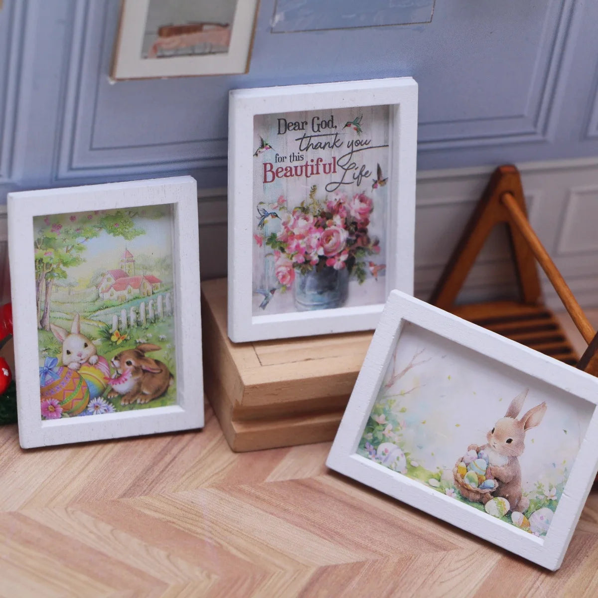 4Pcs/Set Dollhouse Accessories Mini Easter Bunny Mural Ob11 Miniature Bedroom Living Room Scene Wall Decoration Accessories