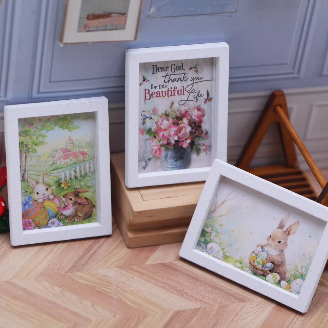 4Pcs/Set Dollhouse Accessories Mini Easter Bunny Mural Ob11 Miniature Bedroom Living Room Scene Wall Decoration Accessories